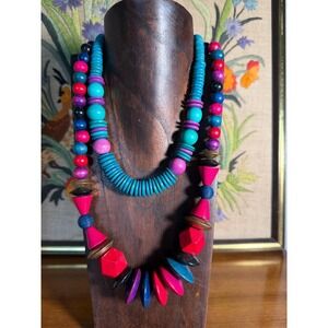Vintage Wood 80s Vibe Statement Beaded Necklaces - Lot of 2